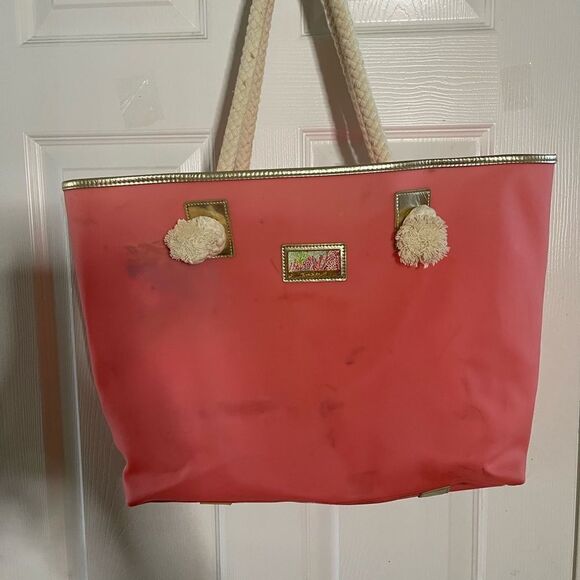 Lilly Pulitzer X Large Beach Bag & Pouch Rubber Pink gold trim robe straps - Picture 5 of 16